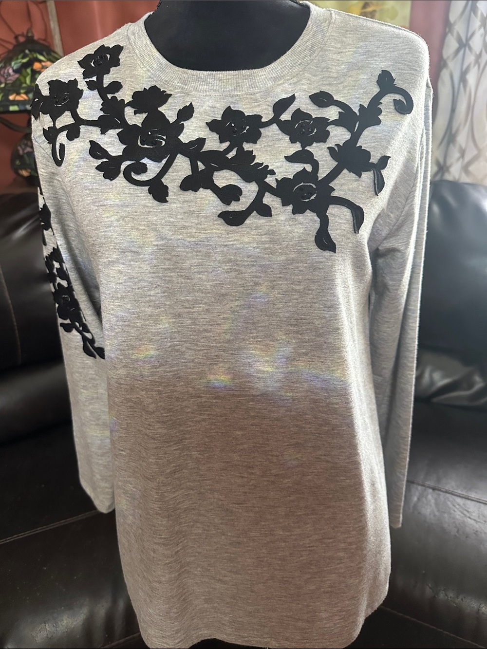Simply Vera Vera Wang Gray Long Sleeve Top with Black Floral Appliqué
